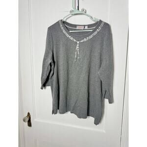 Quacker Factory Gray Beaded 3/4 Sleeve Embellished Glam T-shirt Women's XL